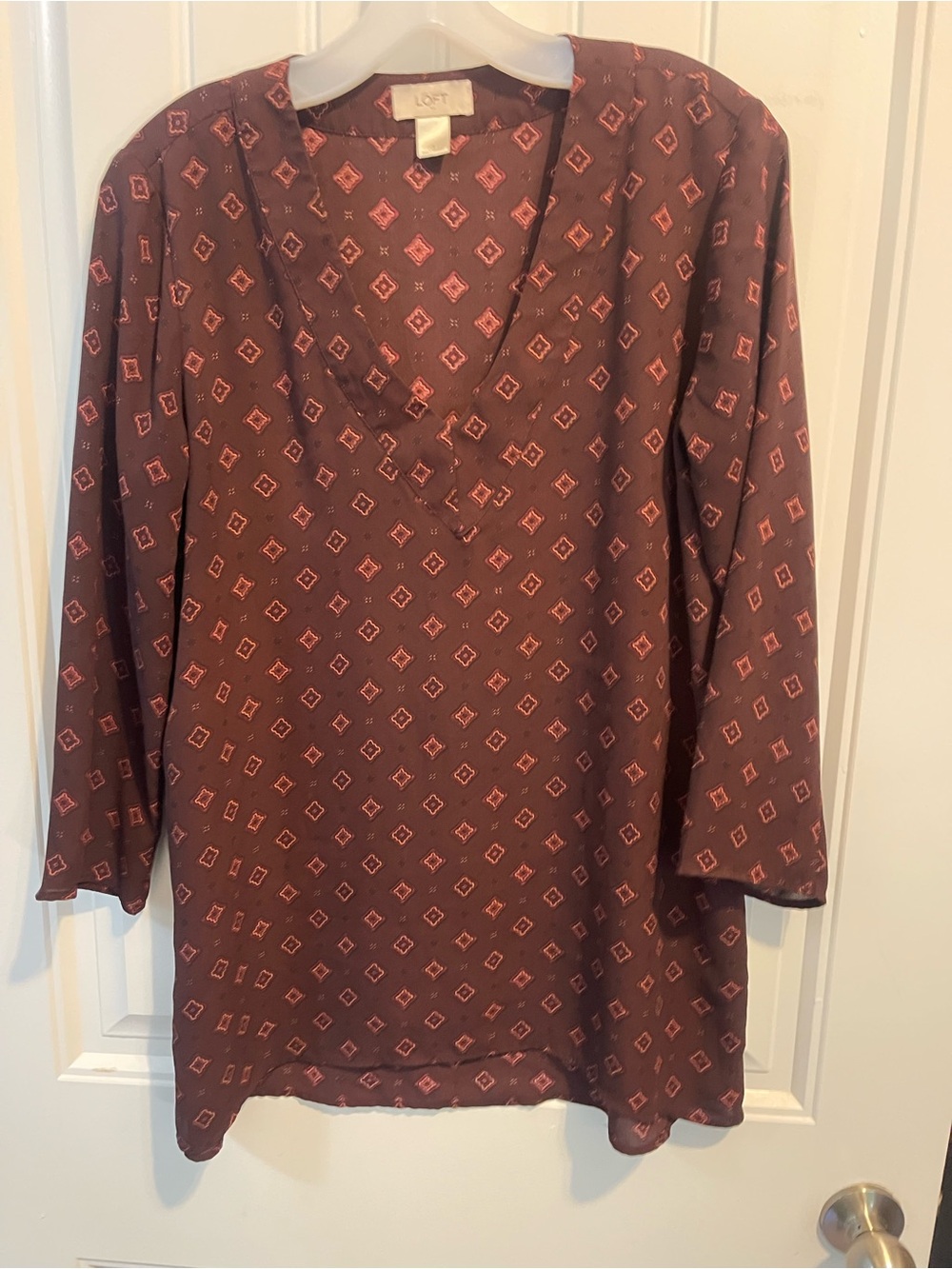 LOFT Women's Burgundy Printed V-Neck Long-Sleeve tunic whimsigoth fairy casual